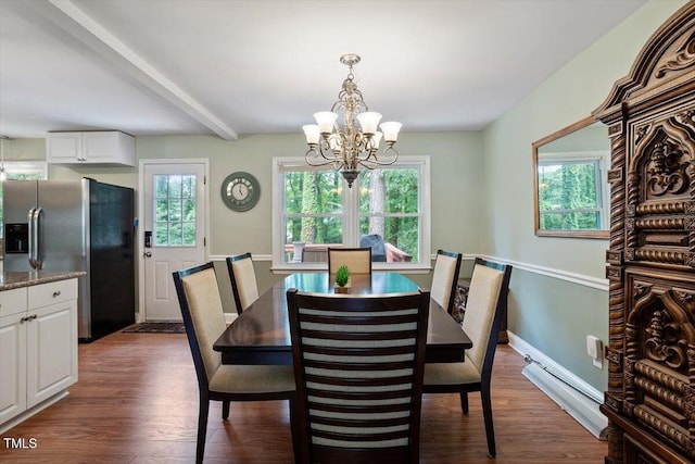 1109 Buckingham Rd, Garner, NC 27529 - dining area with a chandelier, plenty of natural light, dark wood finished floors, baseboards, and beam ceiling