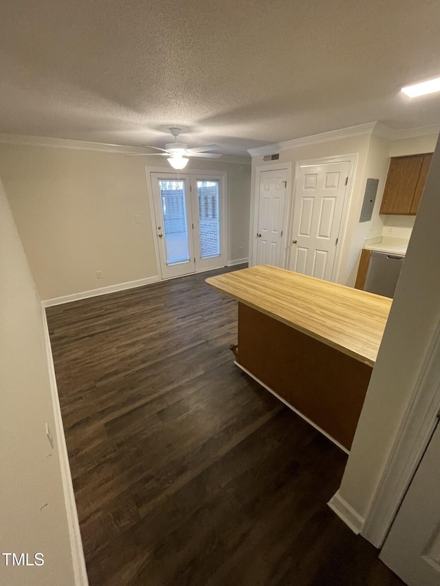 3522 Ivy Commons Dr Unit 101, Raleigh, NC 27606 - kitchen featuring crown molding, dark wood finished floors, a ceiling fan, baseboards, and a textured ceiling