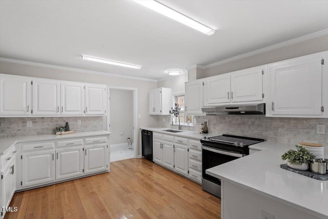 4720 Brigadoon Dr, Durham, NC 27705 - kitchen with stainless steel electric range oven, under cabinet range hood, crown molding, dishwasher, and backsplash