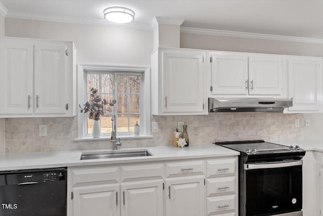4720 Brigadoon Dr, Durham, NC 27705 - kitchen with range with electric cooktop, black dishwasher, under cabinet range hood, a sink, and white cabinetry