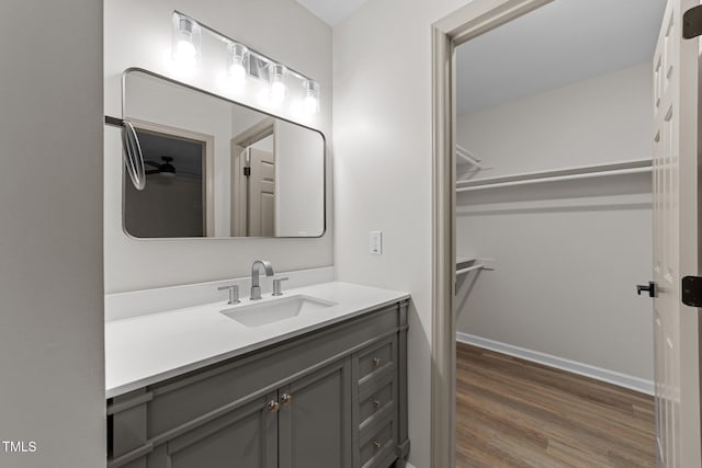 708 Powell Dr Unit B, Raleigh, NC 27606 - bathroom with wood finished floors, vanity, baseboards, and a spacious closet