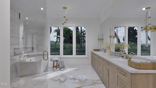 5013 Coronado, Raleigh, NC 27609 - full bath with crown molding, marble tiled floors, double vanity, a tub to relax in, and a shower with door