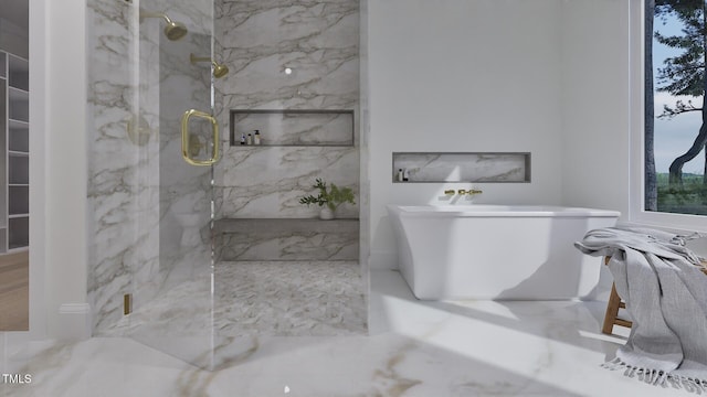 5013 Coronado, Raleigh, NC 27609 - bathroom with a marble finish shower and a freestanding tub