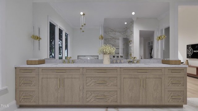 5013 Coronado, Raleigh, NC 27609 - full bathroom with double vanity, a walk in shower, and crown molding