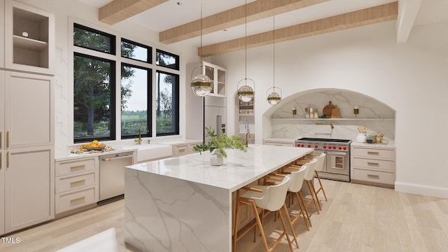 5013 Coronado, Raleigh, NC 27609 - kitchen with appliances with stainless steel finishes, a sink, a center island, beam ceiling, and open shelves