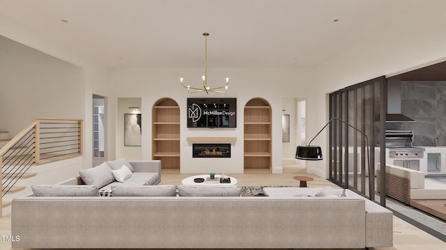 5013 Coronado, Raleigh, NC 27609 - living area featuring built in shelves, a chandelier, wood finished floors, and stairs