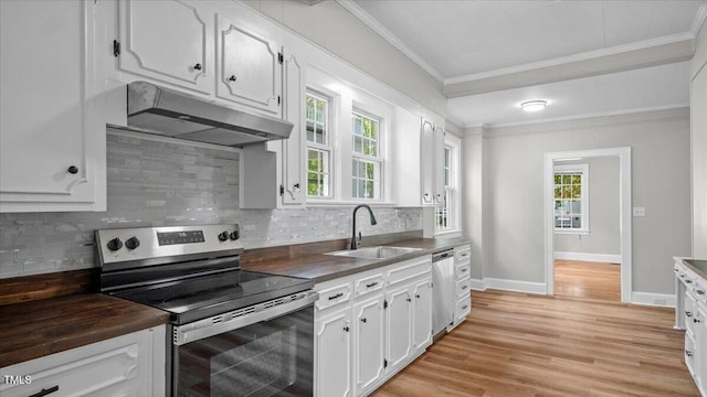 830 S Chestnut St, Henderson, NC 27536 - kitchen featuring appliances with stainless steel finishes, under cabinet range hood, a sink, ornamental molding, and white cabinets