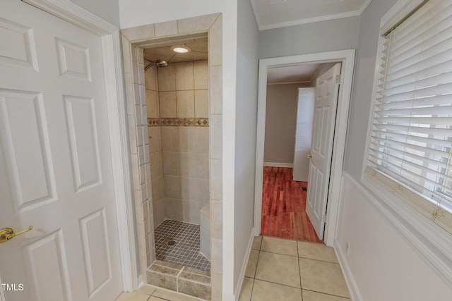 111 Dee Long Rd, Roxboro, NC 27574 - full bathroom with a tile shower, ornamental molding, tile patterned flooring, and baseboards