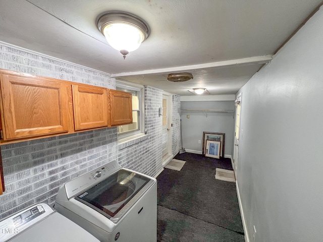 111 Dee Long Rd, Roxboro, NC 27574 - washroom with washing machine and dryer, cabinet space, baseboards, and dark carpet