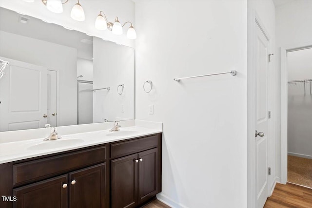 346 E Painted Way, Clayton, NC 27527 - bathroom with double vanity, a spacious closet, and wood finished floors