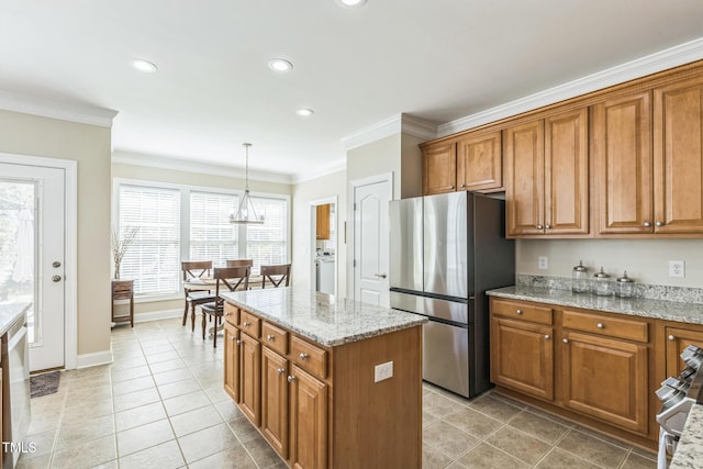 30155 Pharr, Chapel Hill, NC 27517 - kitchen featuring freestanding refrigerator, brown cabinets, ornamental molding, light tile patterned floors, and recessed lighting