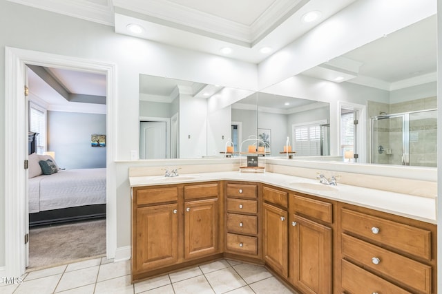 30155 Pharr, Chapel Hill, NC 27517 - ensuite bathroom featuring plenty of natural light, tile patterned floors, double vanity, a shower stall, and recessed lighting