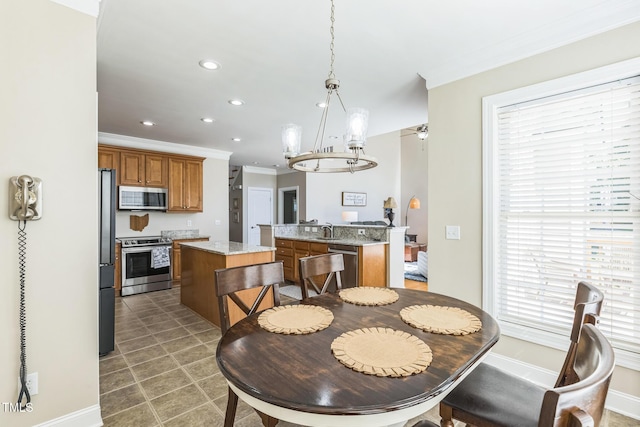30155 Pharr, Chapel Hill, NC 27517 - dining area featuring ornamental molding, plenty of natural light, recessed lighting, a chandelier, and baseboards