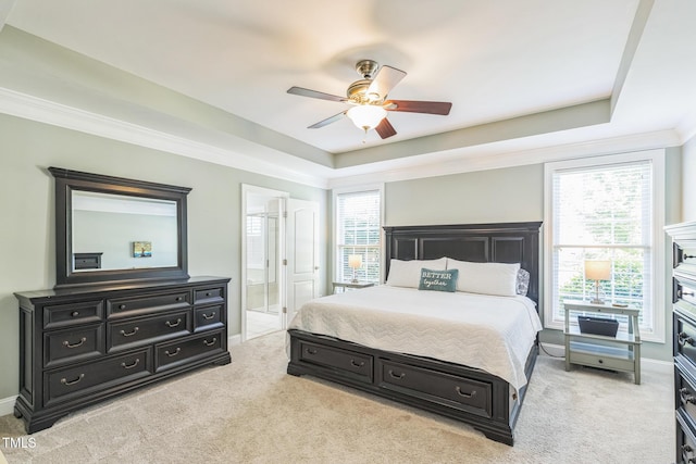 30155 Pharr, Chapel Hill, NC 27517 - bedroom with light carpet, a tray ceiling, baseboards, ensuite bath, and crown molding