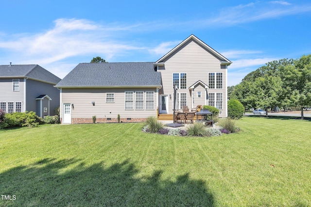 30155 Pharr, Chapel Hill, NC 27517 - rear view of house with crawl space, a lawn, a patio area, and a shingled roof