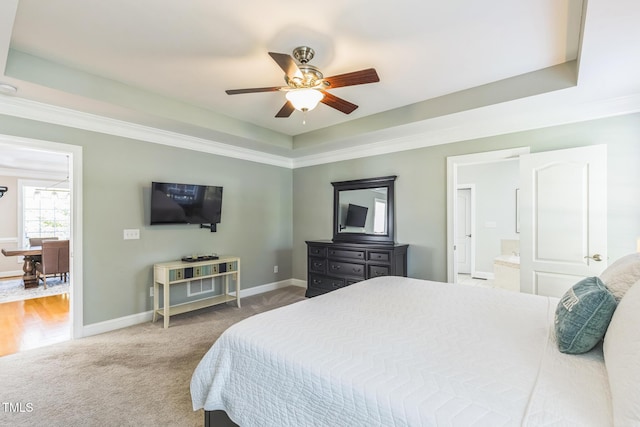 30155 Pharr, Chapel Hill, NC 27517 - carpeted bedroom featuring a raised ceiling, baseboards, ornamental molding, ensuite bath, and ceiling fan
