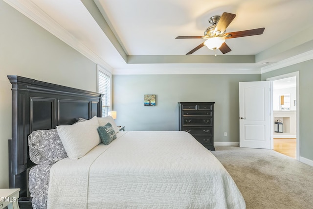 30155 Pharr, Chapel Hill, NC 27517 - carpeted bedroom featuring a raised ceiling, baseboards, ceiling fan, and crown molding
