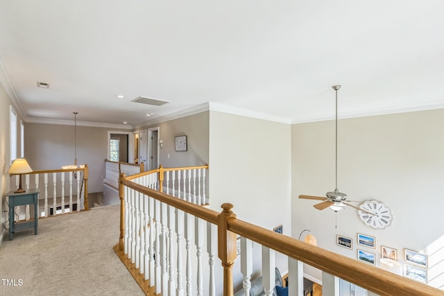 30155 Pharr, Chapel Hill, NC 27517 - hallway with an upstairs landing, carpet floors, ornamental molding, and recessed lighting
