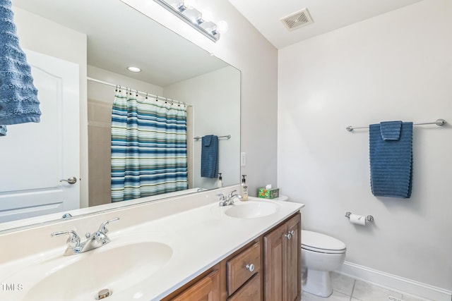 30155 Pharr, Chapel Hill, NC 27517 - bathroom featuring tile patterned flooring, toilet, double vanity, baseboards, and a shower with curtain