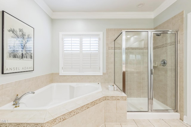 30155 Pharr, Chapel Hill, NC 27517 - bathroom with a garden tub, a stall shower, ornamental molding, and tile patterned floors
