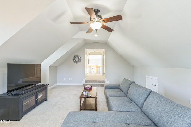 30155 Pharr, Chapel Hill, NC 27517 - living room featuring light carpet, lofted ceiling, baseboards, and a ceiling fan
