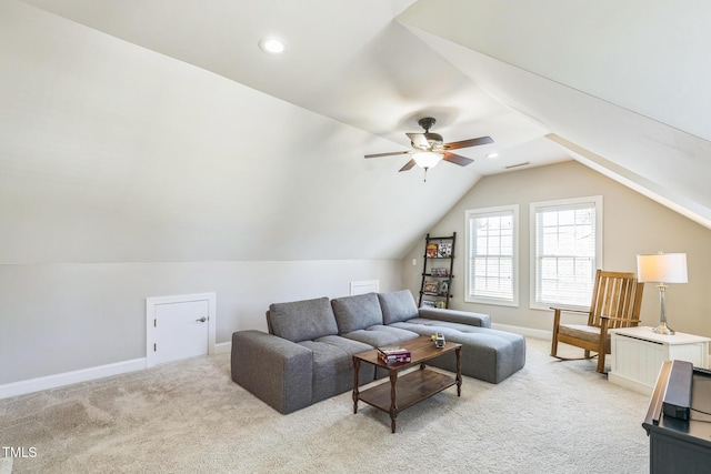 30155 Pharr, Chapel Hill, NC 27517 - living area featuring light colored carpet, baseboards, ceiling fan, lofted ceiling, and recessed lighting