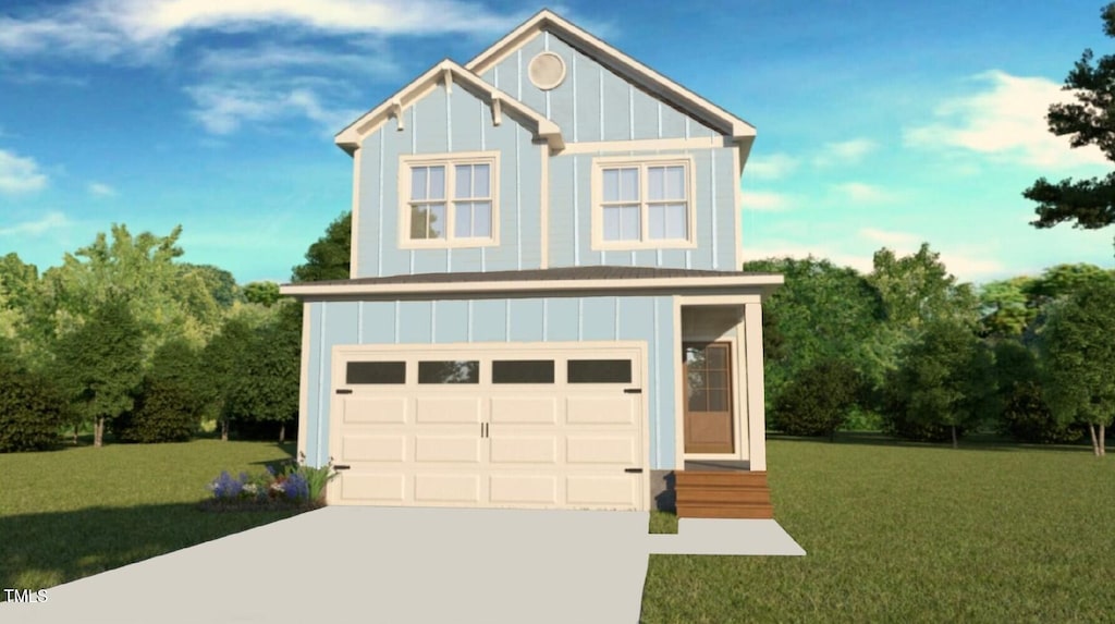 6782 Calais Dr, Durham, NC 27712 - view of front of home with board and batten siding, concrete driveway, a front lawn, and a garage