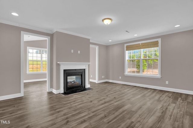 1085 Lobdale Ct, Burlington, NC 27215 - unfurnished living room with wood finished floors, healthy amount of natural light, ornamental molding, baseboards, and recessed lighting