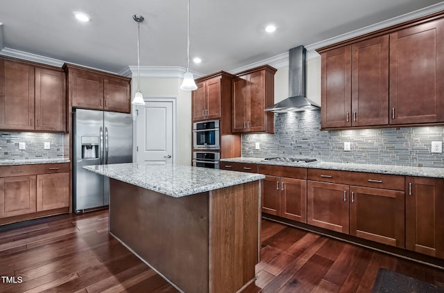 2100 Della Ct, Apex, NC 27502 - kitchen with stainless steel appliances, wall chimney exhaust hood, dark wood-style flooring, a kitchen island, and ornamental molding