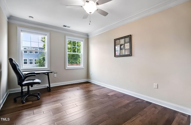 2100 Della Ct, Apex, NC 27502 - unfurnished office featuring ornamental molding, a ceiling fan, dark wood-style flooring, and baseboards