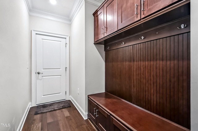 2100 Della Ct, Apex, NC 27502 - mudroom featuring crown molding, dark wood-style flooring, and baseboards