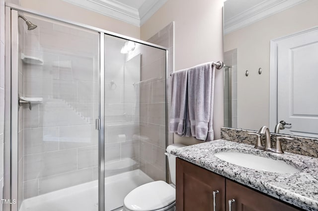 2100 Della Ct, Apex, NC 27502 - bathroom with crown molding, vanity, toilet, and a stall shower