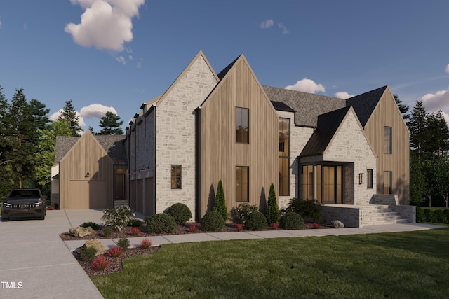 1132 Wimbleton Dr, Raleigh, NC 27609 - modern home with stone siding, a front yard, and board and batten siding