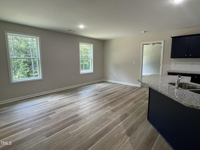 226 Bonsai Way, Four Oaks, NC 27524 - kitchen featuring dark cabinets, light stone countertops, light wood-style floors, recessed lighting, and open floor plan