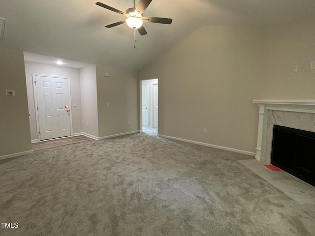 226 Bonsai Way, Four Oaks, NC 27524 - unfurnished living room with carpet, ceiling fan, vaulted ceiling, and a fireplace