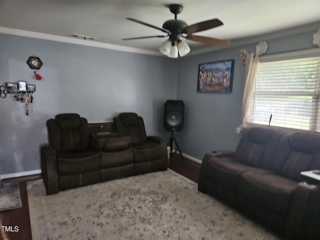 118 Lynn Rd, Durham, NC 27703 - living room with ceiling fan, wood finished floors, baseboards, and ornamental molding