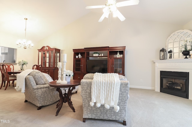 128 Olde Manor Ct, Siler City, NC 27344 - carpeted living room with a chandelier, ceiling fan, high vaulted ceiling, and a fireplace