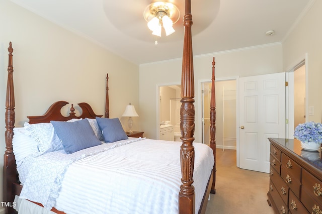 128 Olde Manor Ct, Siler City, NC 27344 - bedroom with light colored carpet, crown molding, ensuite bathroom, a ceiling fan, and a spacious closet