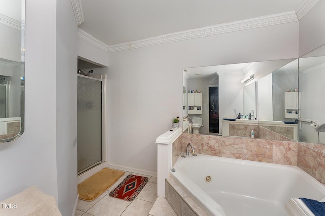 103 Pony Express Cv, Louisburg, NC 27549 - bathroom featuring ornamental molding, a tub with jets, a stall shower, tile patterned floors, and toilet