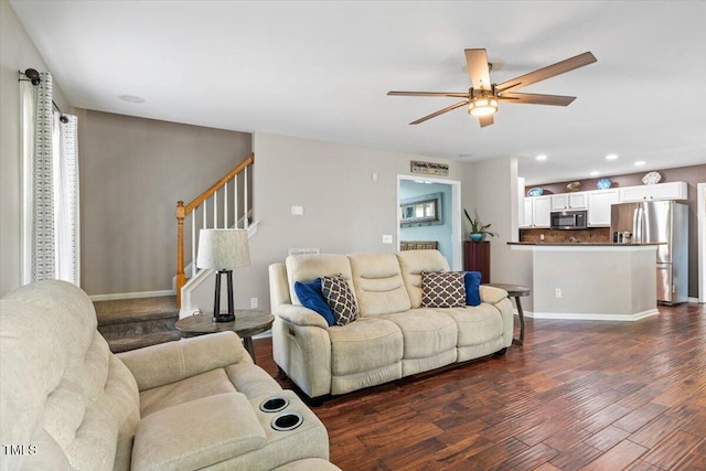 947 Middle Ground Ave, Rolesville, NC 27571 - living room with dark wood-style flooring, stairway, ceiling fan, recessed lighting, and baseboards