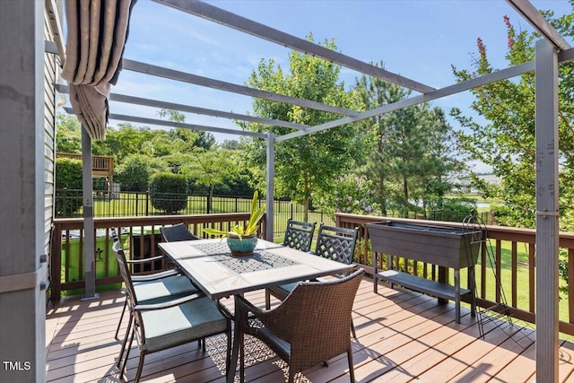947 Middle Ground Ave, Rolesville, NC 27571 - wooden deck featuring a fenced backyard, outdoor dining space, and view of wooded area