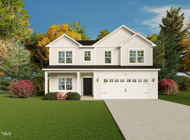 122 Jones Creek Ln, Lillington, NC 27546 - traditional-style home with concrete driveway, a front lawn, an attached garage, and board and batten siding