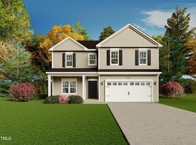 138 Jones Creek Ln, Lillington, NC 27546 - traditional home with concrete driveway, a front yard, an attached garage, board and batten siding, and a shingled roof