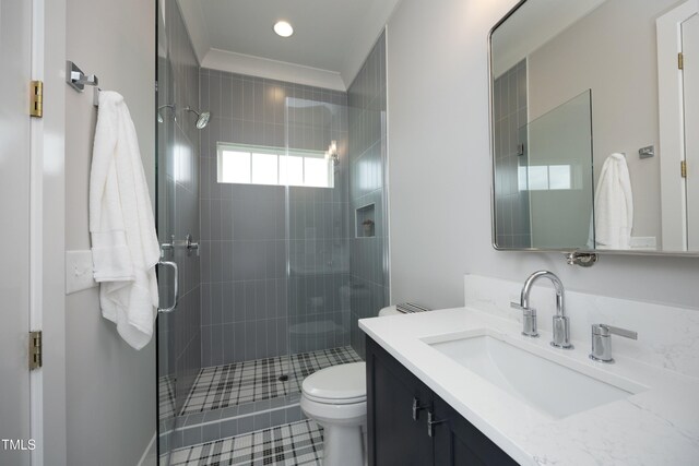 7736 Roberts Rd, Apex, NC 27523 - full bath featuring vanity, toilet, a shower stall, and tile patterned flooring