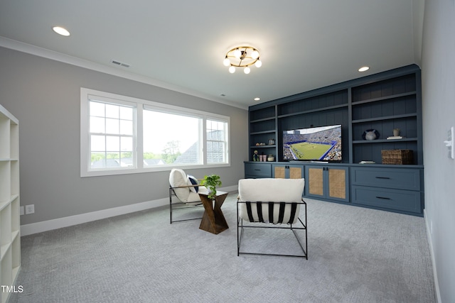 7736 Roberts Rd, Apex, NC 27523 - sitting room featuring baseboards, carpet, built in shelves, crown molding, and recessed lighting
