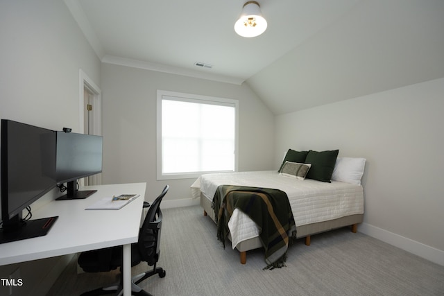 7736 Roberts Rd, Apex, NC 27523 - bedroom with baseboards, a desk, light colored carpet, and lofted ceiling