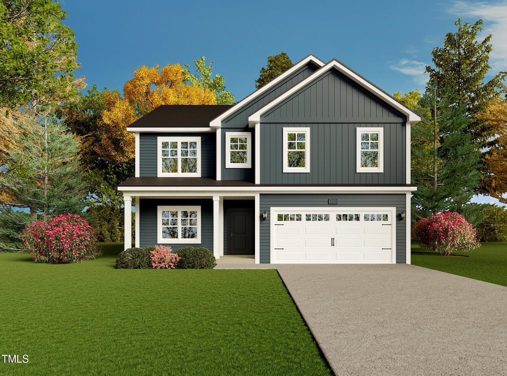 68 Mossy Bridge Ct, Lillington, NC 27546 - traditional home with driveway, a front lawn, board and batten siding, a garage, and covered porch
