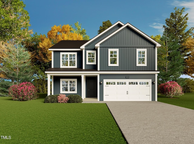 68 Mossy Bridge Ct, Lillington, NC 27546 - traditional home with driveway, a front lawn, board and batten siding, a garage, and covered porch