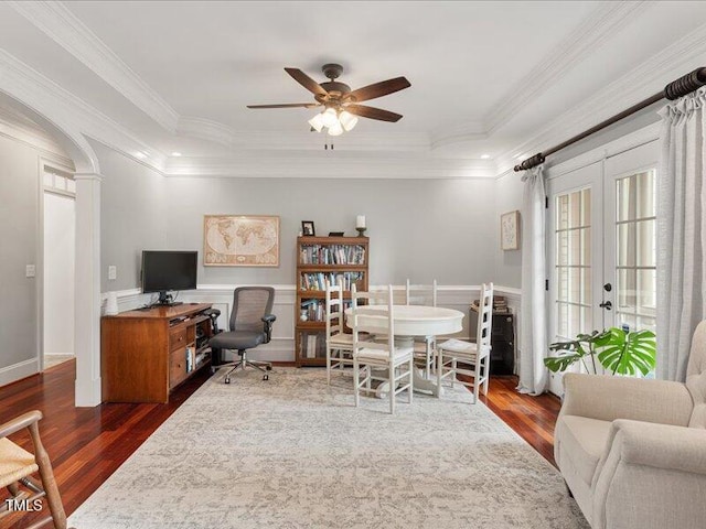 2207 Cameron Pond Dr, Cary, NC 27519 - home office featuring wood finished floors, french doors, crown molding, ceiling fan, and plenty of natural light