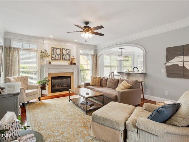 2207 Cameron Pond Dr, Cary, NC 27519 - living room featuring ornamental molding, wood finished floors, ceiling fan, plenty of natural light, and baseboards